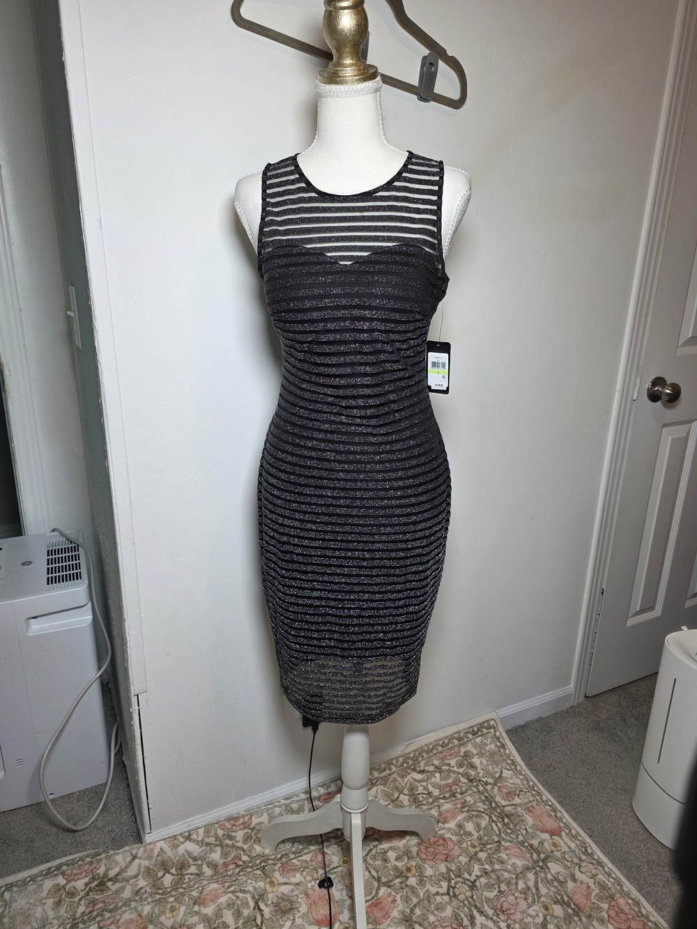 Guess Black & Silver Striped Mesh Midi Bodycon Dress Sz 4